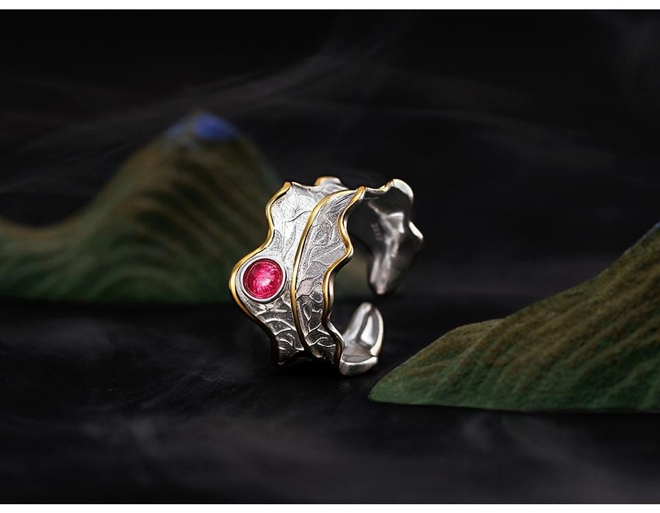 925 Sterling Silver Women Adjustable Creative Leaf-shaped Open Ring Jewelry (Red)