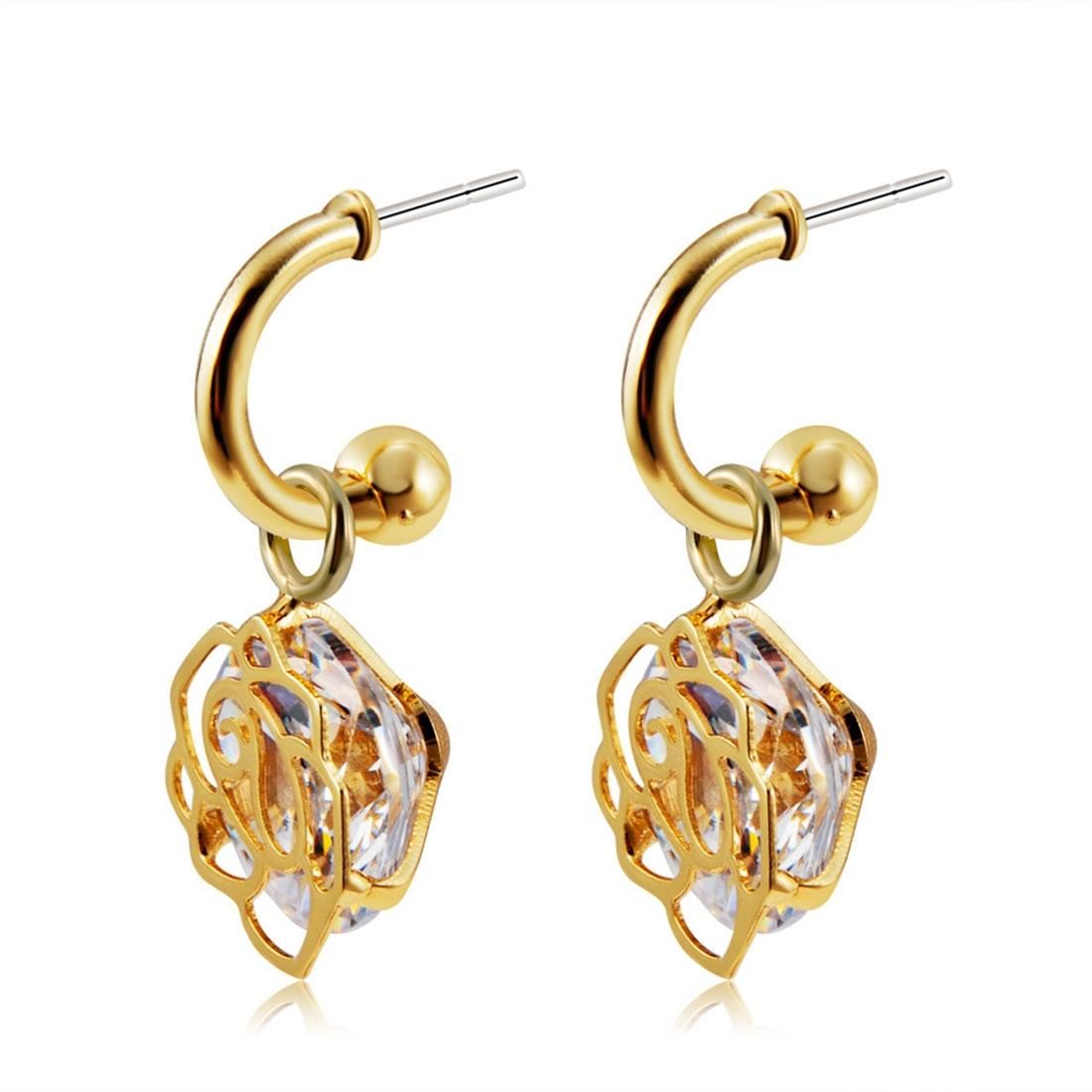 2 PCS Golden Rose Style 18K Gold Plated Alloy Crystal Earrings For Female