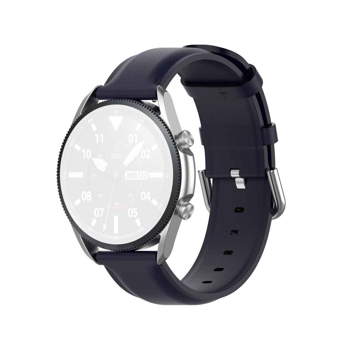 For Galaxy Watch 3 45mm Round Tail Leather Strap, Size: Free Size 22mm (Navy Blue)