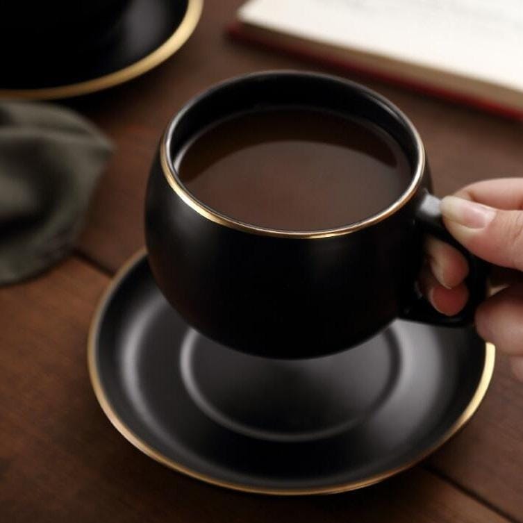 3 in 1 Simple Matte Phnom Penh Water Cup Ceramic Coffee Cup Saucer Spoon Set (Black )