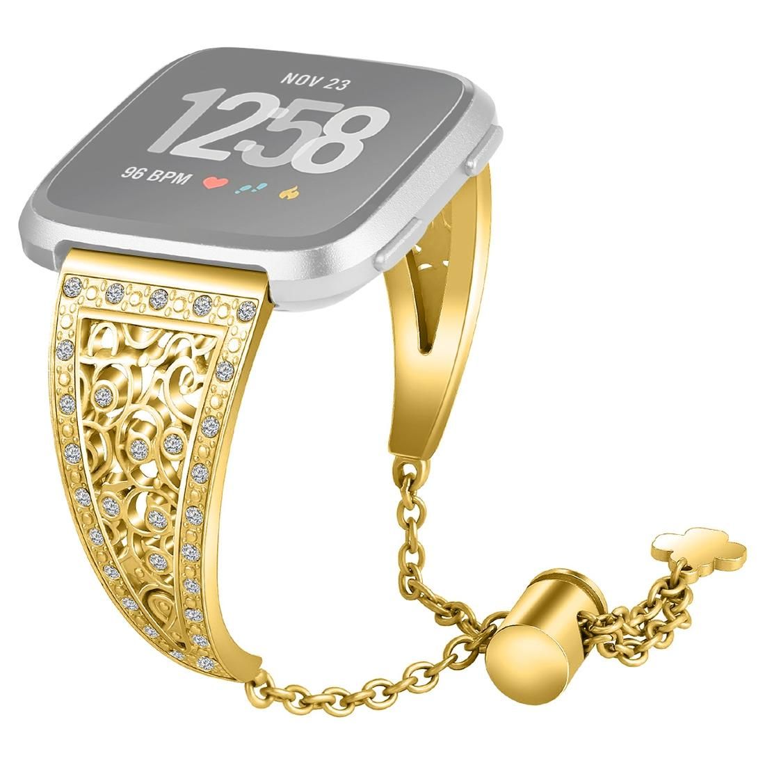 For Fitbit Versa Flower Shape Metal Diamond-studded Chain Wristband Watchband (Gold)