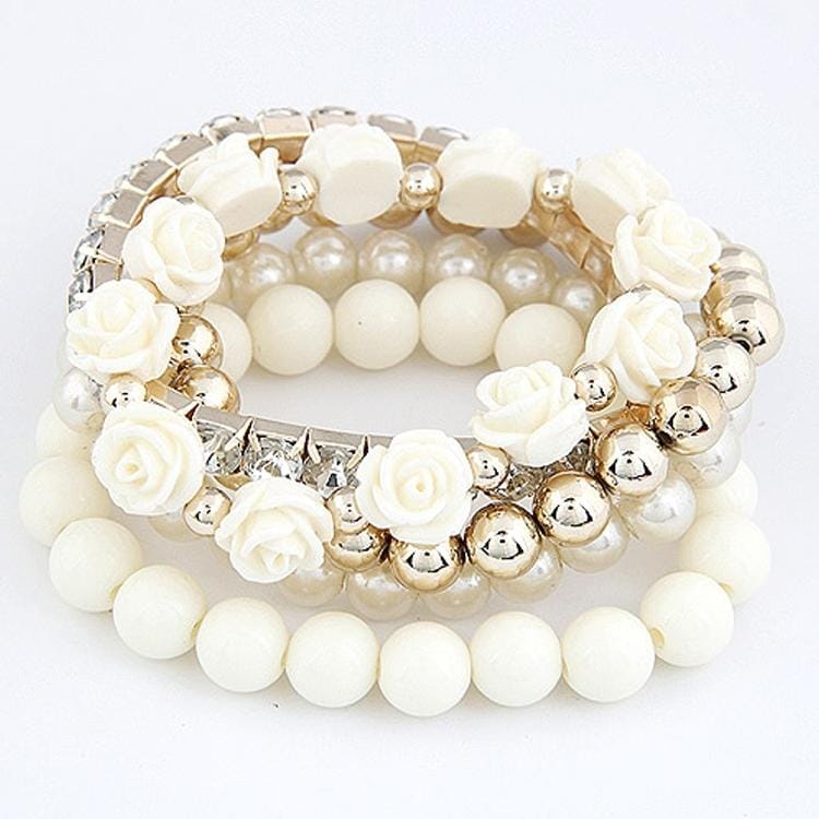 Bohemian Fashion Candy Color Pearl Rose Flower Multilayer Beads Stretch Charm Bracelet (White)