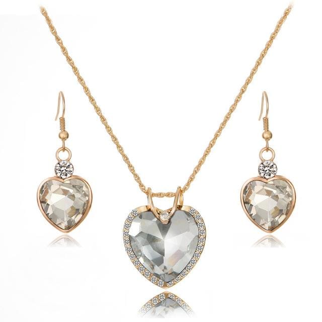 Elegant Heart Shaped Crystal Zirconia Necklace Earrings Jewelry Set for Women (White)