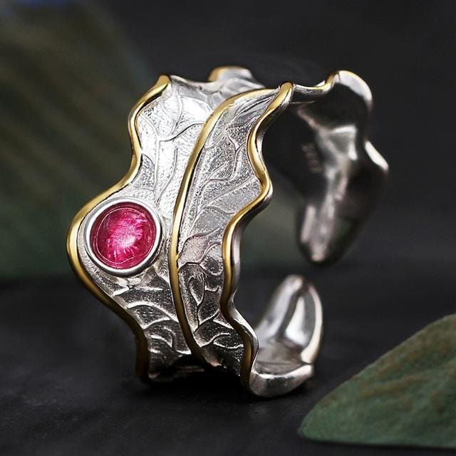 925 Sterling Silver Women Adjustable Creative Leaf-shaped Open Ring Jewelry (Red)