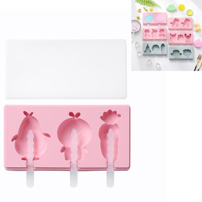 3 PCS Homemade Handmade DIY Cartoon Fruit with Lid Silicone Ice Cream Mold Making Ice Tray, Style:Fruit Vegetable Paradise (Pink)