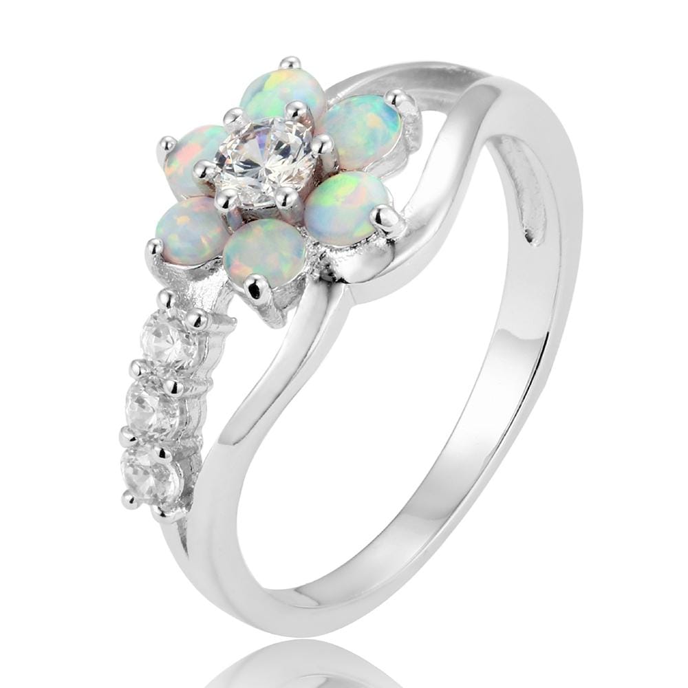 925 Silver Women Opal Flower Ring Jewelry, Ring Size:9 (White)