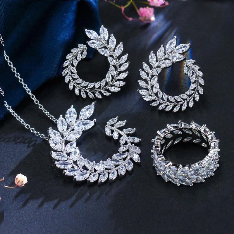 4 PCS/Set Leaf Shape Fashion CZ Necklace Earring Bracelet and Ring Sets, Ring  Size:7