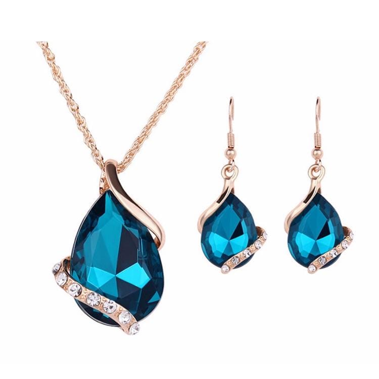 2 Sets Water Drop Gem Clavicle Necklace Pendant Earring Set (Green)