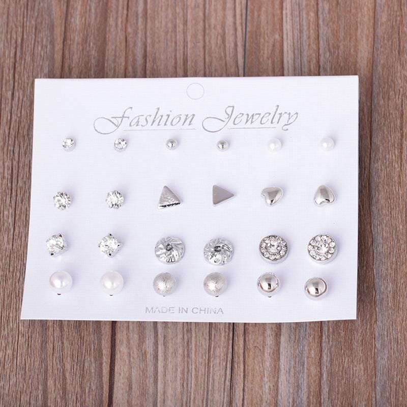 12 Pair Sets Assorted Multiple Stud Earrings Jewelry Set with Card for Women and Girls (Silver)