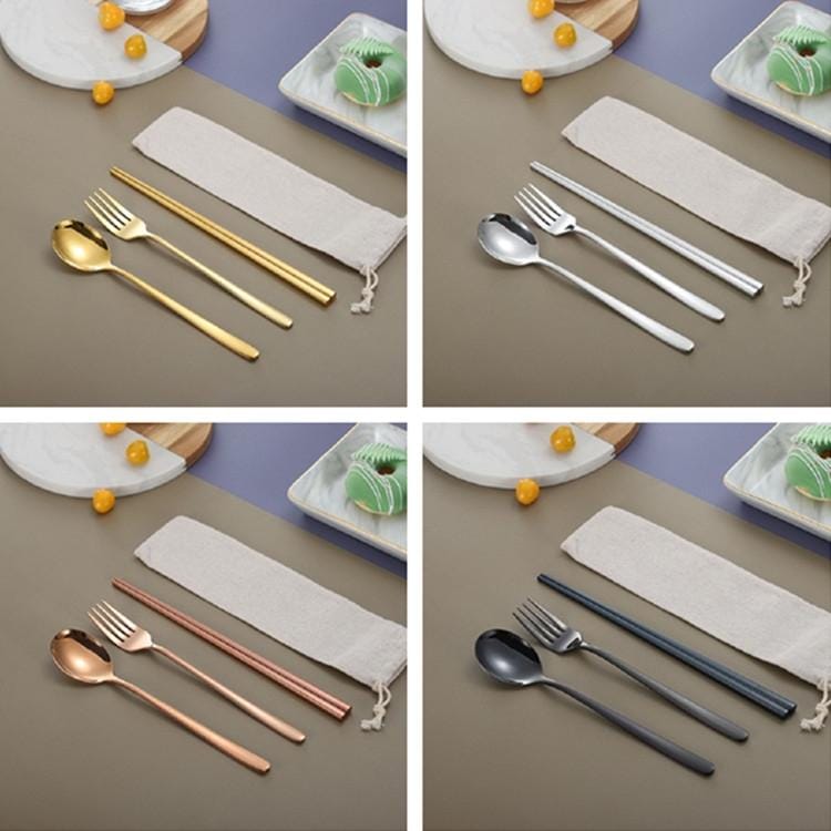 3 PCS / Set Creative Stainless Steel Spoon Fork Chopsticks Portable Tableware Set, Color:Black