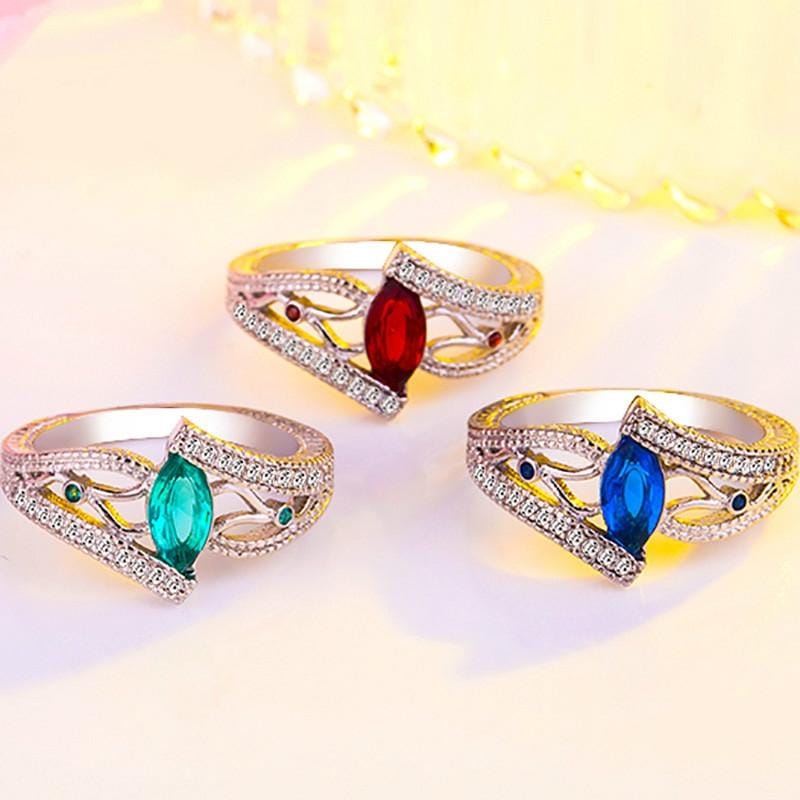 925 Sterling Silver Finger Rings Women Vintage Engagment Zircon Jewelry, Ring Size:7 (Green)