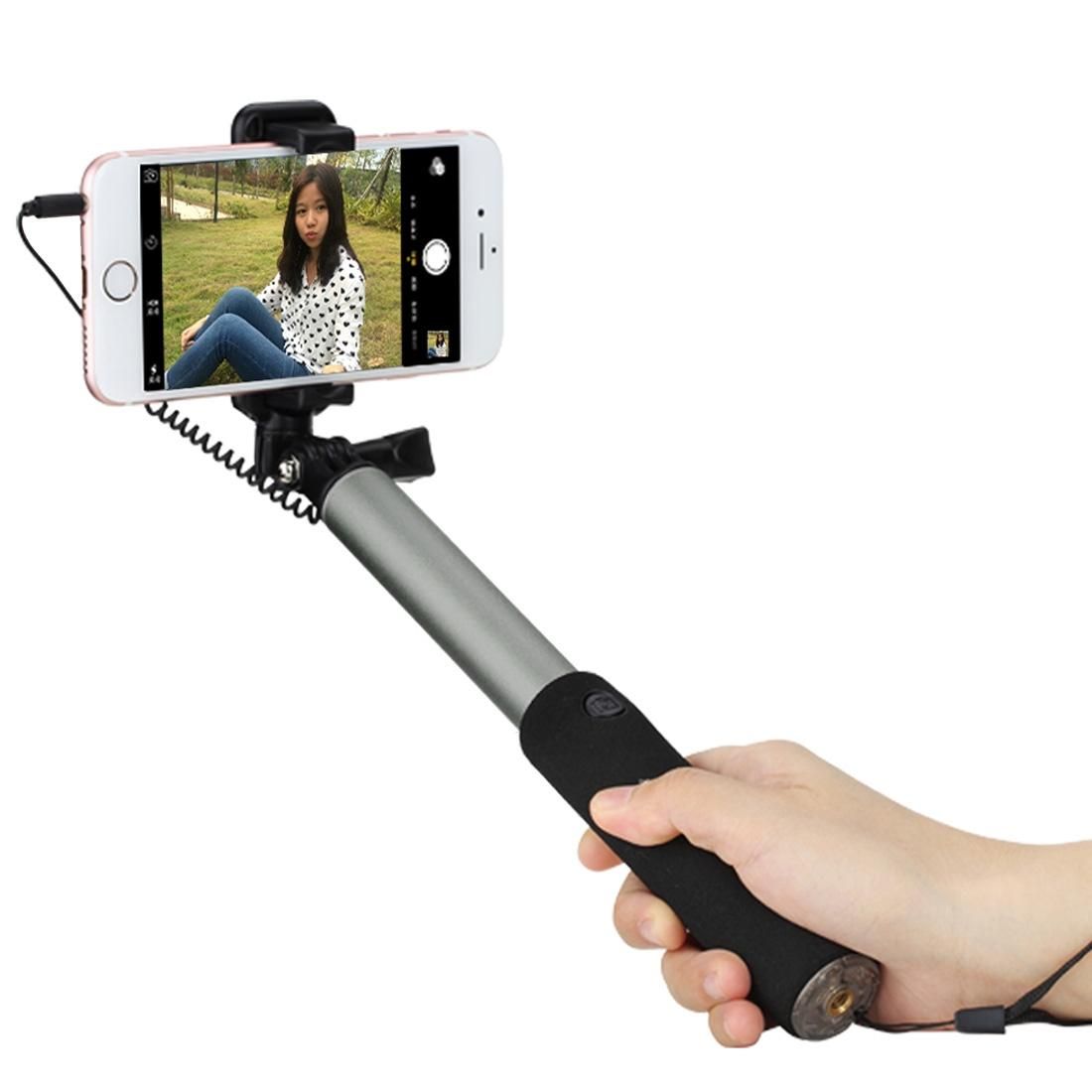 ROCK ROT0716 Portable Wire Control Selfie Stick Monopod Folding Extendable Handheld Holder with Mirror for iOS & Android Phone, Folded Length: 24.5cm, Max Extension Length: 90cm (Grey)