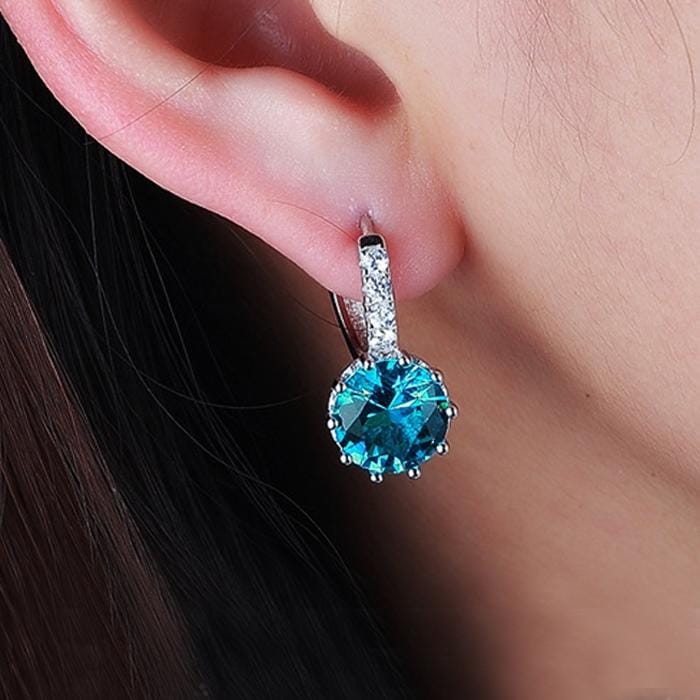 925 Sterling Silver Women Shiny Shape Micro-inserts Zircon Earrings (Water Blue)