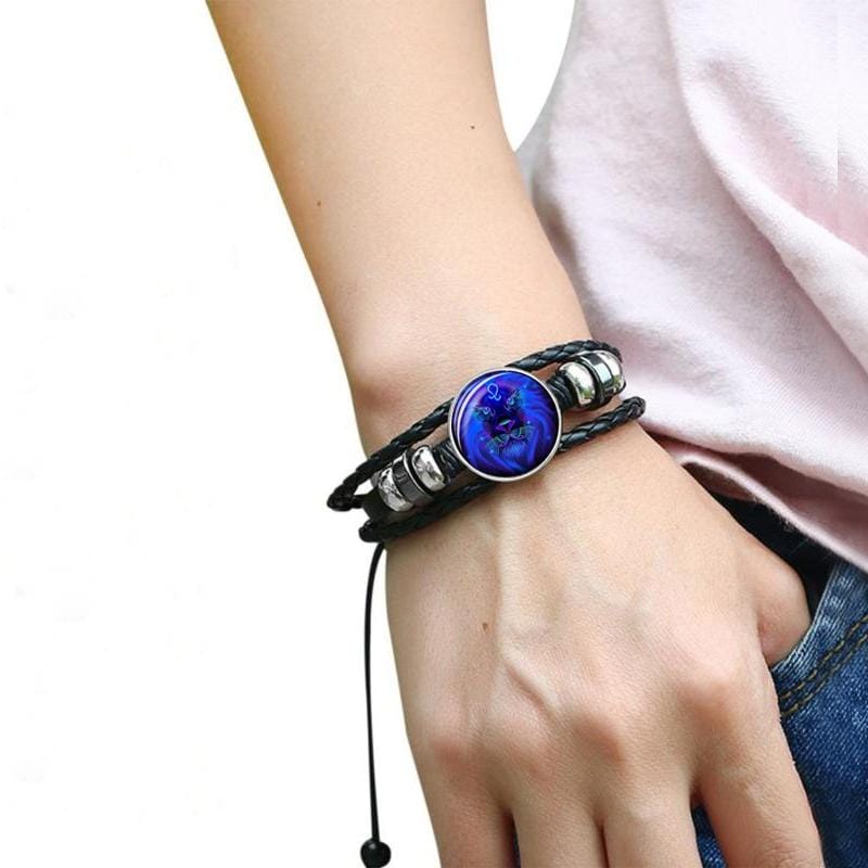 12 Constellation Black Braided Leather Glass Dome Punk Men Bracelet (Leo)