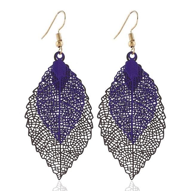 Double-layered Leaves Tassel Earrings Simple Retro Metal Leaf-ears Ornaments (Black Purple)