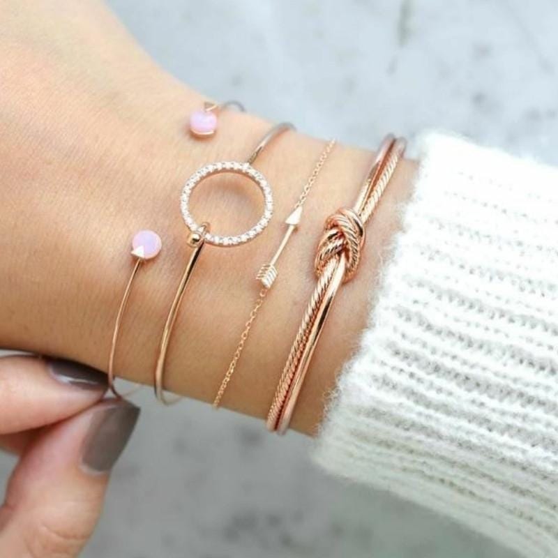 4 PCS/Set Arrow Multilayer Open Adjustable Round Crystal Bracelet Set for Women (gold)