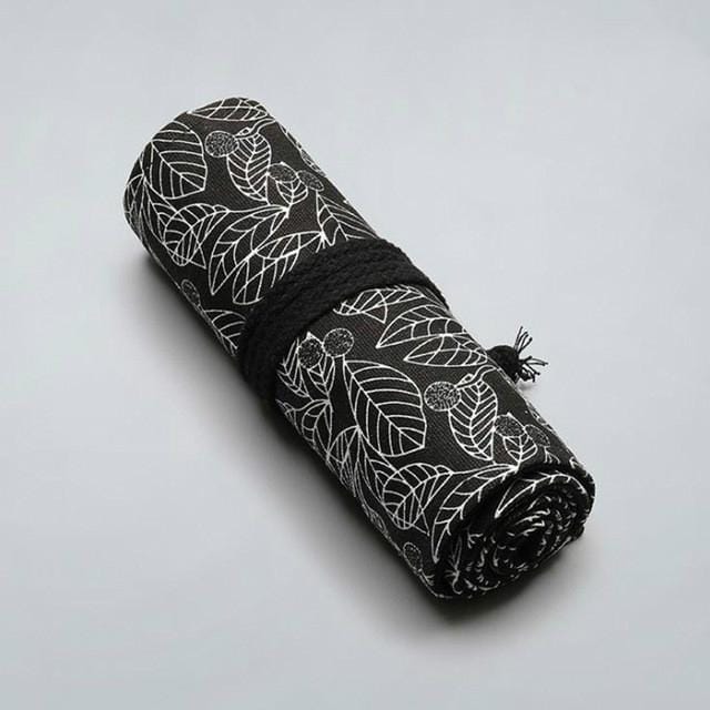 Cute Leaf Portable Canvas School Pencil Case Pen Bag Stationery Pouch (Black leaf 48 holes)