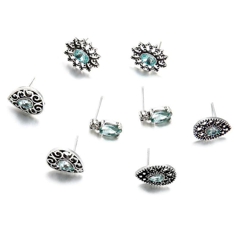 4 Pairs Boho Style Sparkling Jewelry Sapphire-shape Earring Stud Set (Silver)