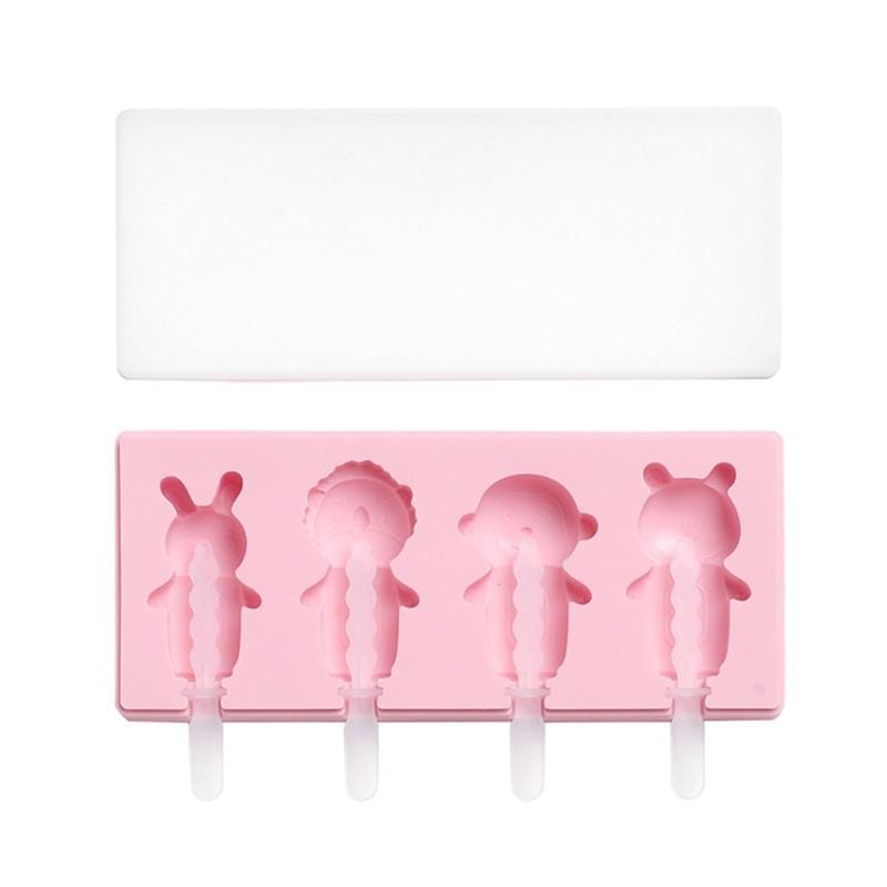 2 PCS Handmade Cartoon Homemade Ice Cream Silicone Stick Ice Mold with Lid DIY Ice Box, Style:Cute Animal (Pink)