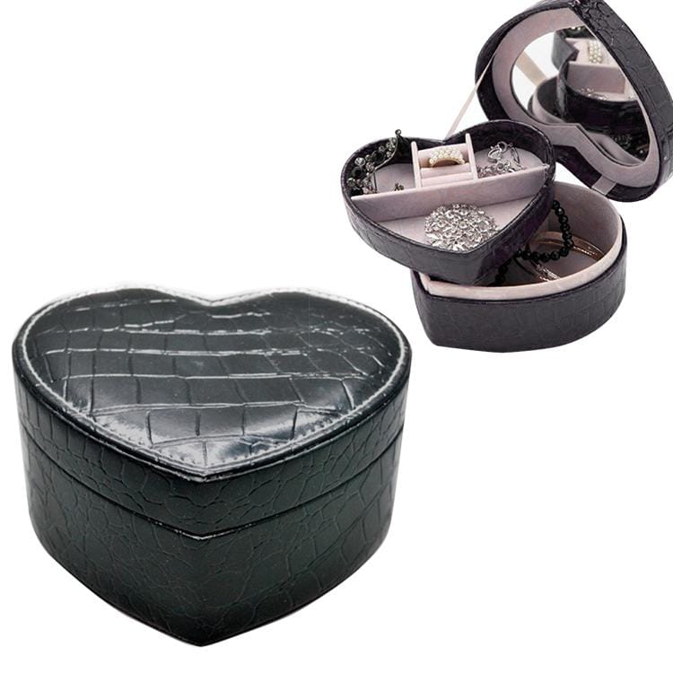 Two-layer Heart Shape Small Jewelry Box Synthetic Leather Rings and Earrings Mirrored Travel Storage Case (Black)