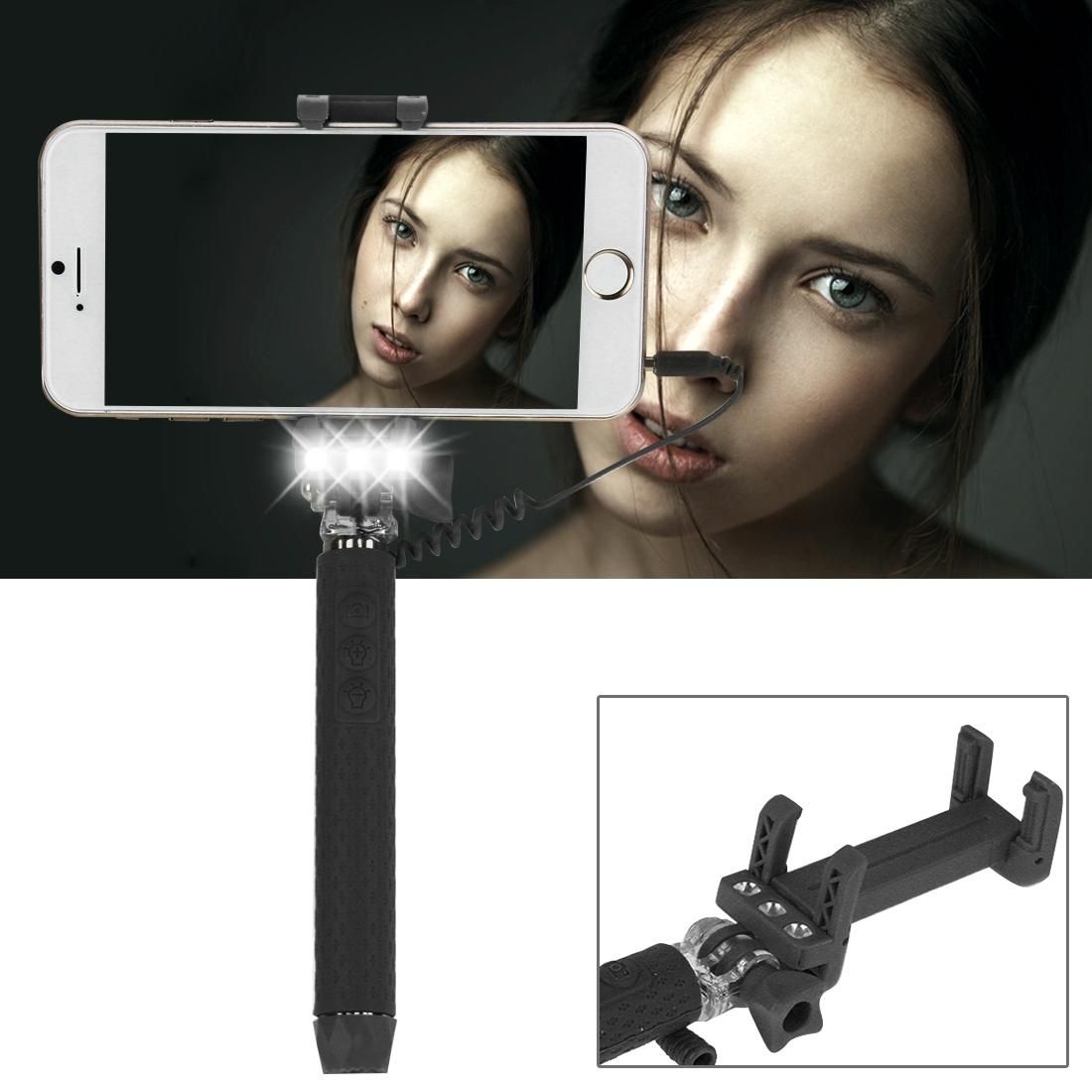 Portable Wire Controlled Monopod Folding Extendable Handheld Pocket Holder Selfie Stick with Sync LED Flash Light  for iOS & Android Phone, Folded Length: 13.5cm, Max Extension Length: 70.0cm (Black)