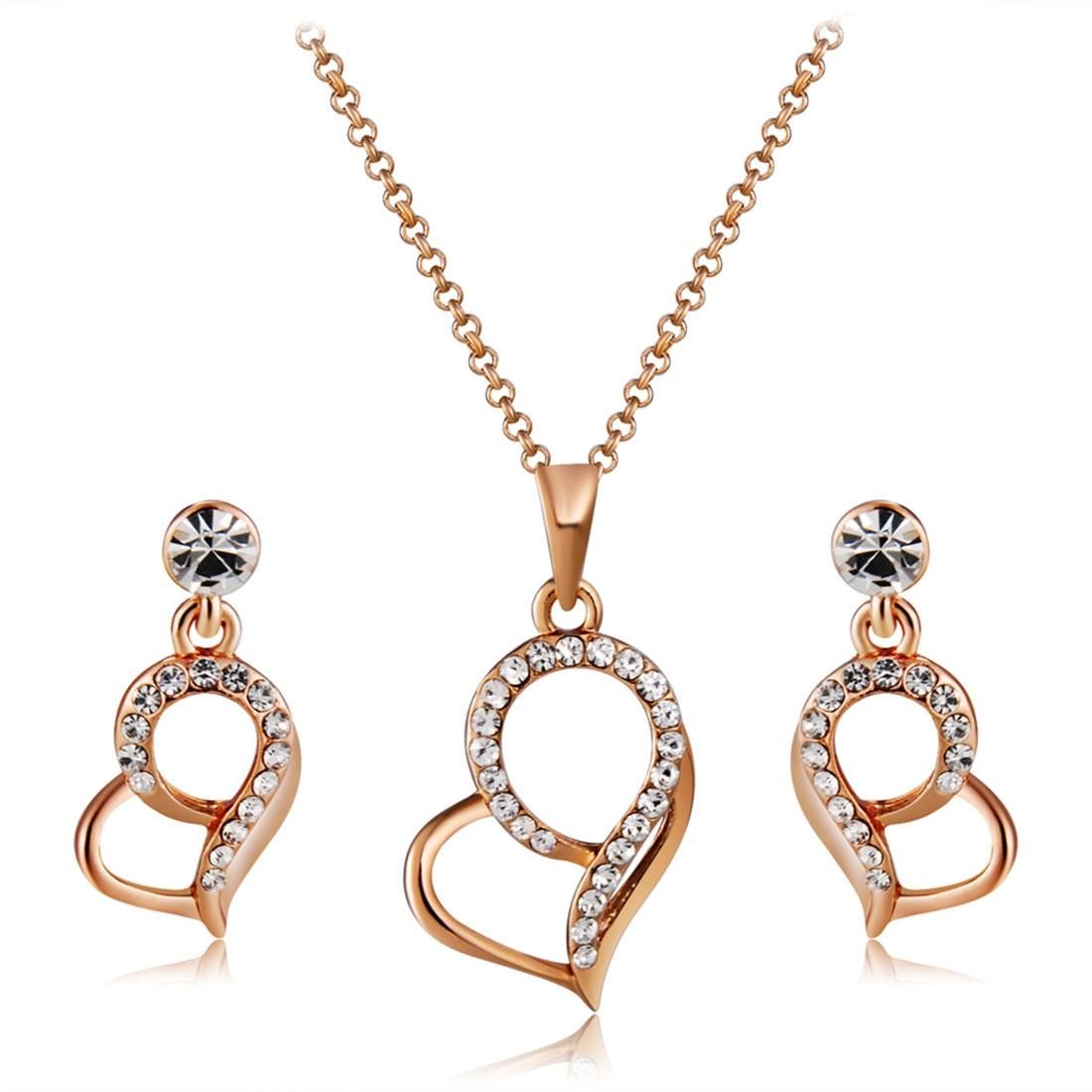 Rose Gold Heart-shaped Crystal Necklace and Earrings Set for Female, Chain Length: 47cm