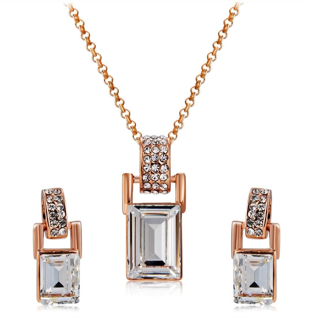 Barrel Shaped Crystal Inlaid Pendant Necklace and Earring Set for Female, Chain Length: 43cm