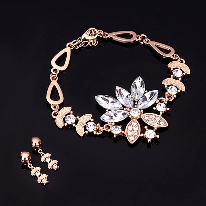 3 in 1  Set Women Fashion Diamond-shape Leaves Flowers Bracelets Earrings Jewelry (White)