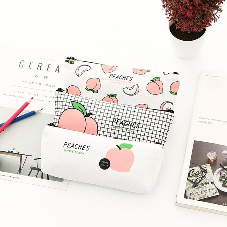 Canvas Fruit Peach Pencil Cases For Girl Stationery School Supplies Students Gifts (White)