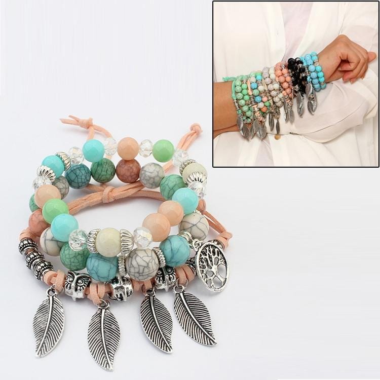 Vintage Ethnic Elasticity Marble Beads Bracelet Boho Leaves Bangle Bracelet (Colorful)