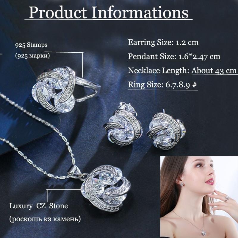 Fashion Cubic Zirconia Knot Earrings Necklace Ring Set for Women, Ring Size:9 (Pink)