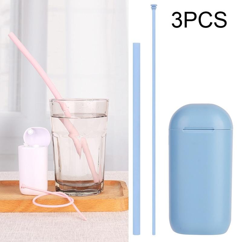 3 PCS Portable Foldable Collapsible Reusable Silicone Drinking Straw Outdoor Household Drinking Tool, Straw Size: 230x8mm, Sytle:Straight Straw (Blue)