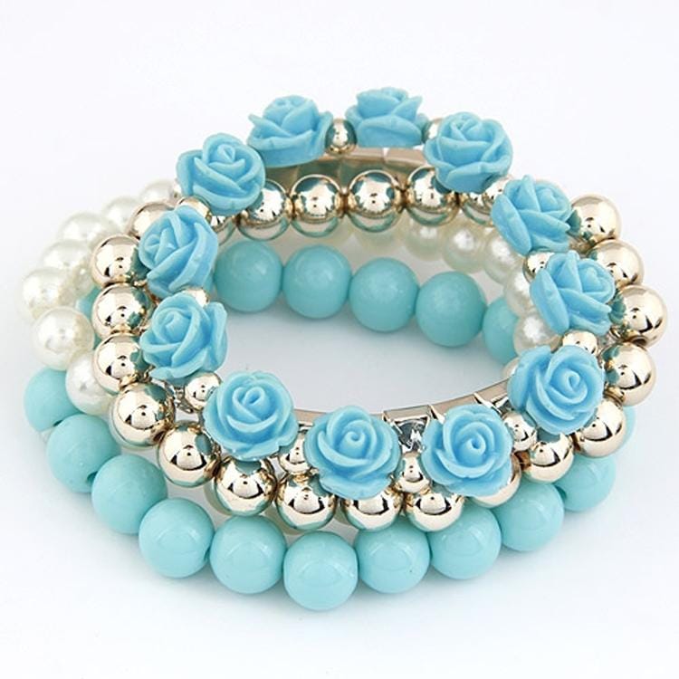 Bohemian Fashion Candy Color Pearl Rose Flower Multilayer Beads Stretch Charm Bracelet (blue)