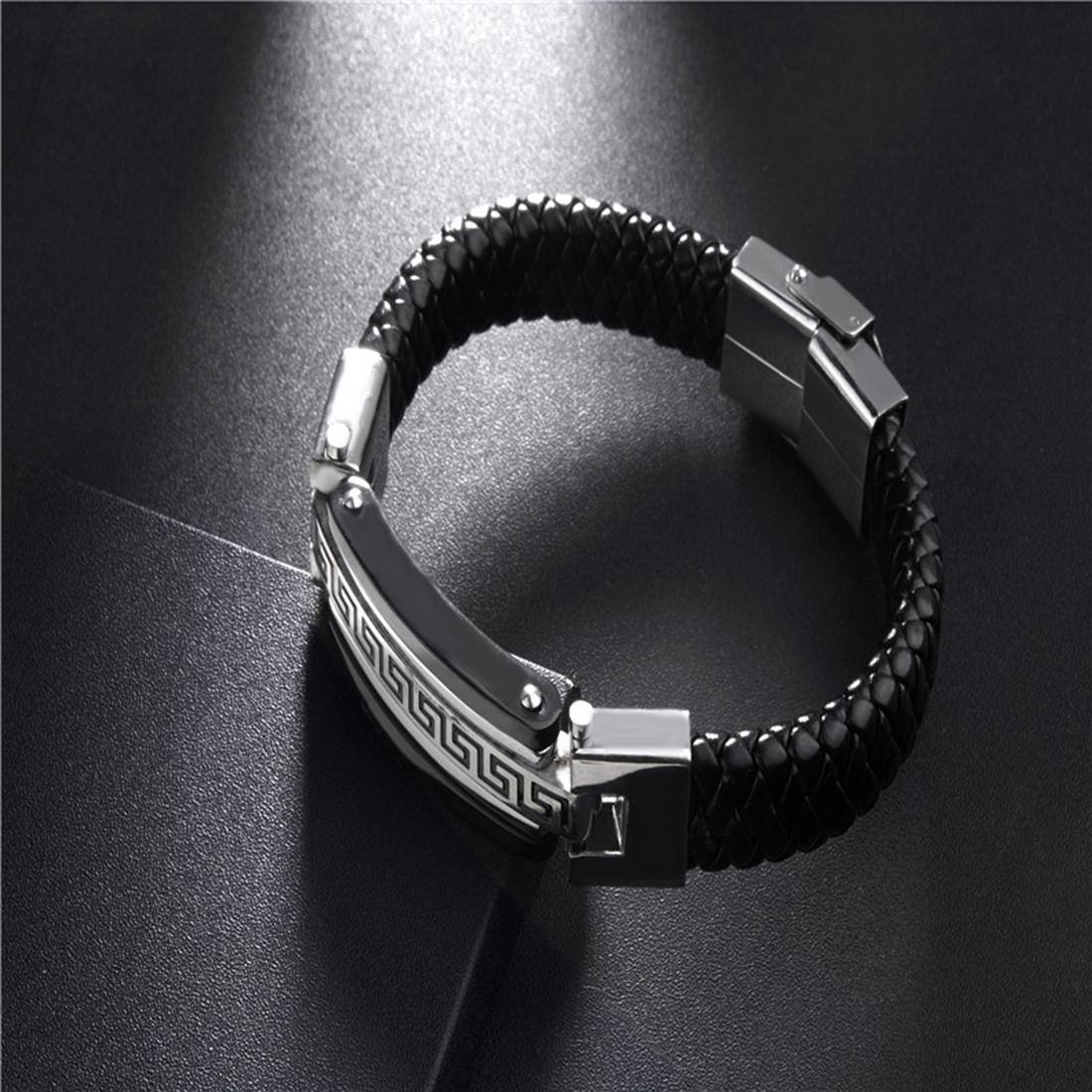 Mens Fashion Jewelry Punk Retro Titanium Steel Wristband Braided Leather Bracelet, Size: 21.5cm (Silver)