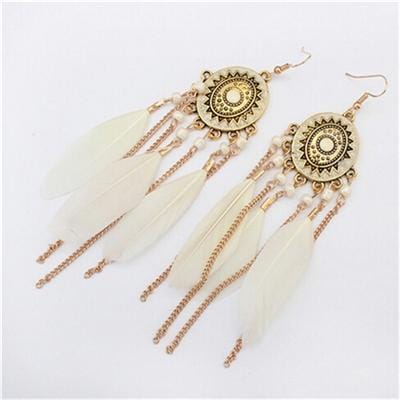 Vintage Ethnic Style Feather Chain Tassel Earrings jewelry (White)