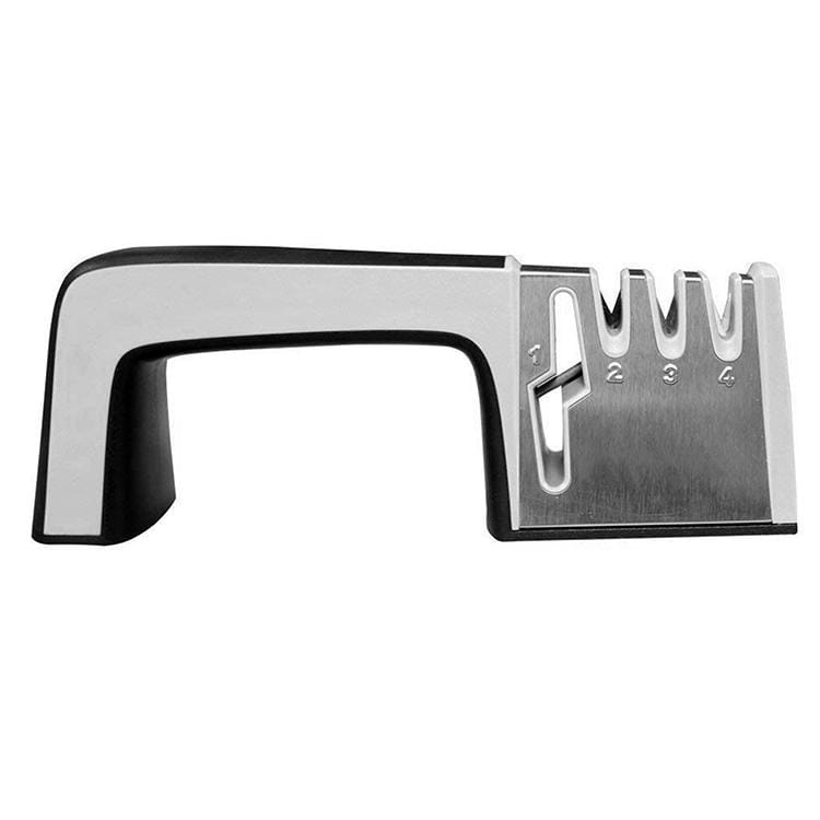 4 in 1 Stainless Steel Knife Sharpener Four Section Hand-held Quick Sharpening Tool with Non Slip Handle (Red)