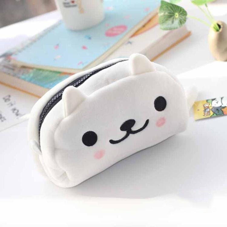 Cute Soft Short Plush Cat Makeup Bag Pen Bag Large Capacity Student Learning Pencil Case (White Cat)