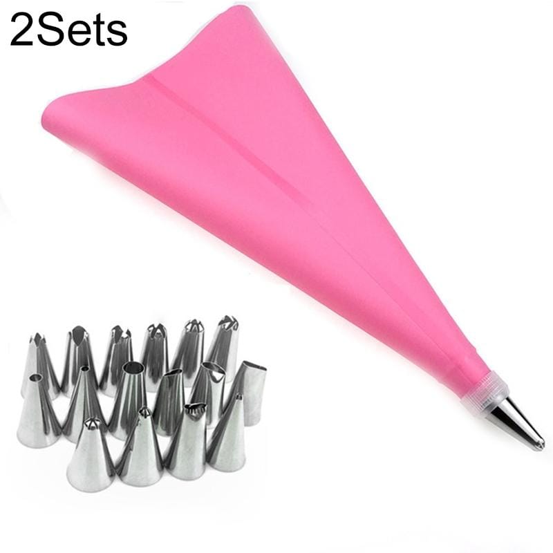 2 Sets Reusable Silicone Pastry Bag Cake Decorating Tools with 16 Nozzles Tips (Pink)