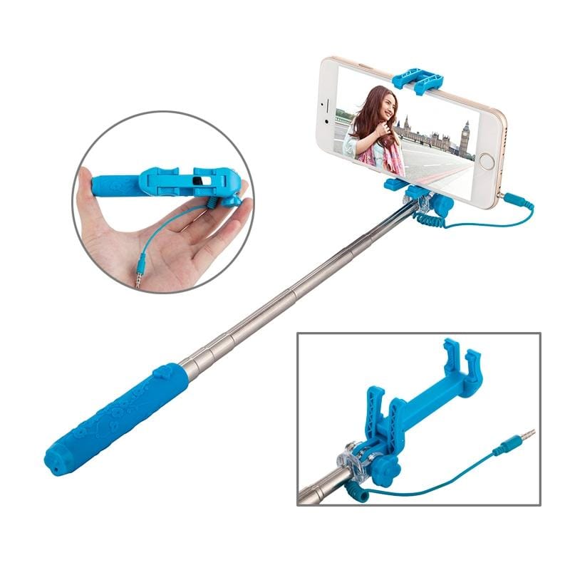 Portable Flower Pattern Wire Controlled Selfie Stick Monopod Folding Extendable Handheld Pocket Holder for iOS & Android Phone, Folded Length: 12.5cm, Max Extension Length: 70.0cm (Blue)