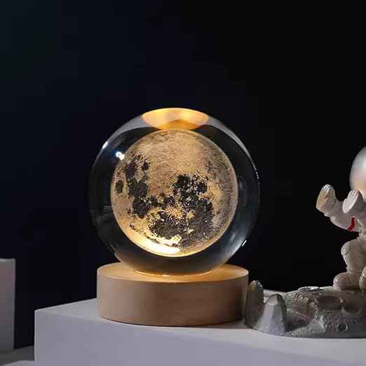 Decorative 3D Deer Crystal Ball Night Lamp with Wooden Base – USB LED Light (Warm White)