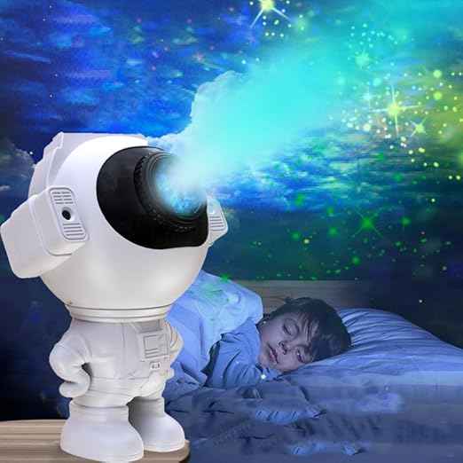 Astronaut Star Projector with dual 4W LEDs, 180° moon, star & cloud projection, Bluetooth, voice/music modes, remote control, USB powered.