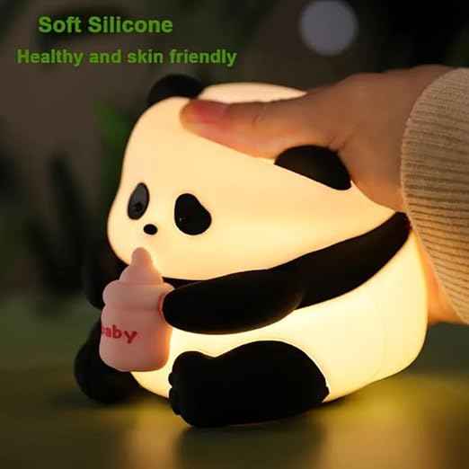 Panda LED Night Light with glasses and bottle design—soft silicone, rechargeable, and portable for kids’ rooms, nurseries, or baby shower gifts.