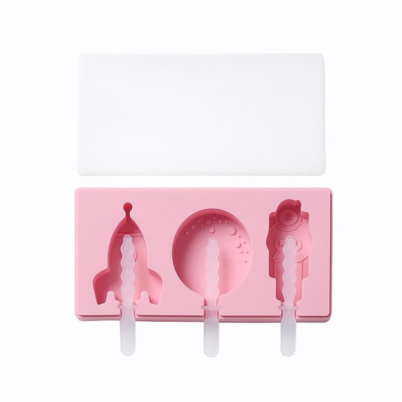 3 PCS Homemade Handmade DIY Cartoon Fruit with Lid Silicone Ice Cream Mold Making Ice Tray, Style:Moon Landing Plan (Pink)