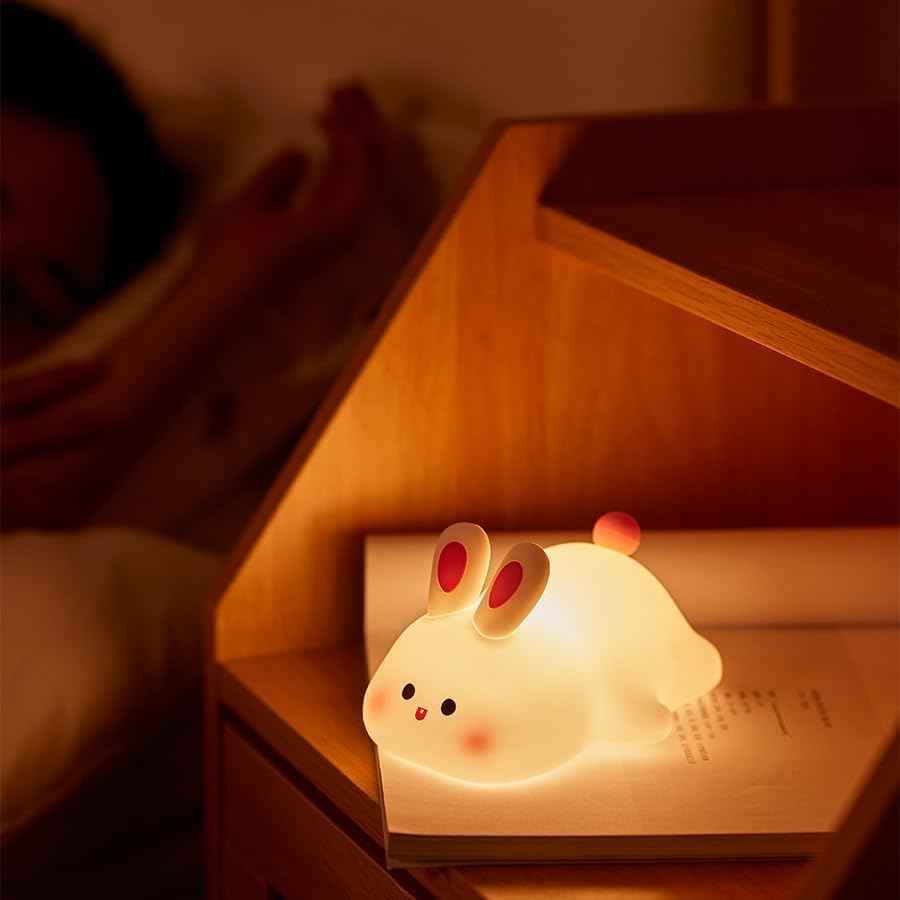 Cute Little Rabbit Silicone Night Light with touch control and rechargeable LED—ideal for children’s rooms and gifting for couples or loved ones.