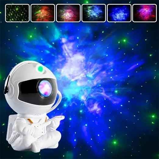 360° Rotating Astronaut Star Projector with remote control, timer, and adjustable LED head—perfect for bedrooms, home décor, and parties.