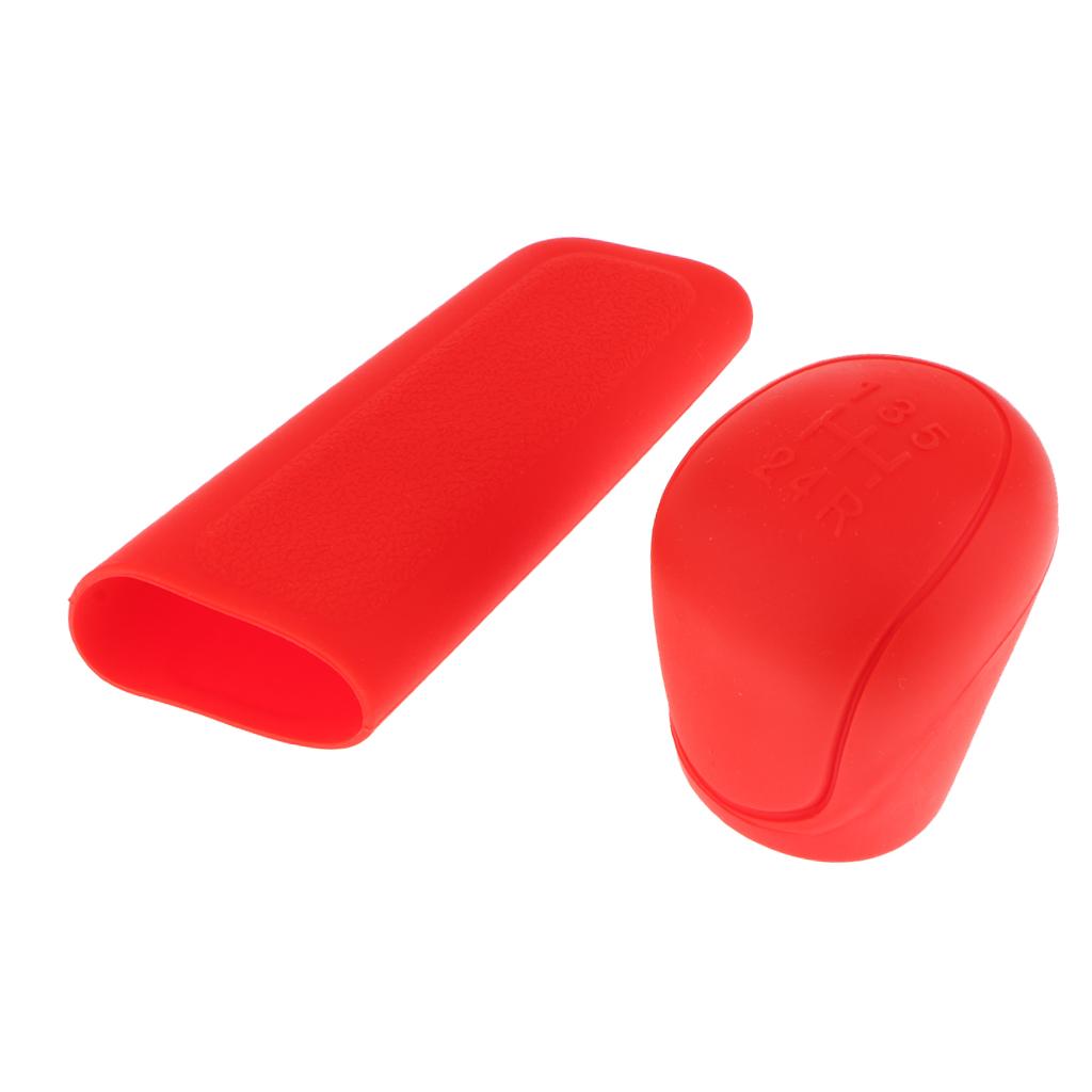 4x2Pcs Car Trunk Gear Head Shift Knob + Handbrake Cover Silicone Sleeve Red