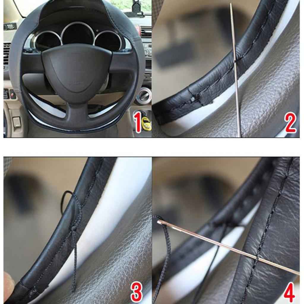 Genuine Leather DIY Car Steering Wheel Cover 38cm W/ Needle and Thread Black