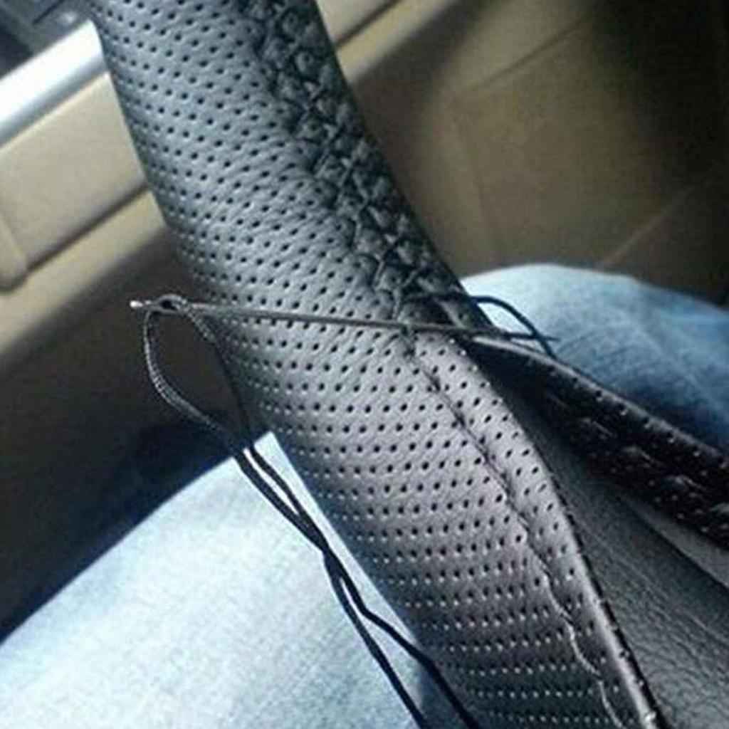 Genuine Leather DIY Car Steering Wheel Cover 38cm W/ Needle and Thread Black