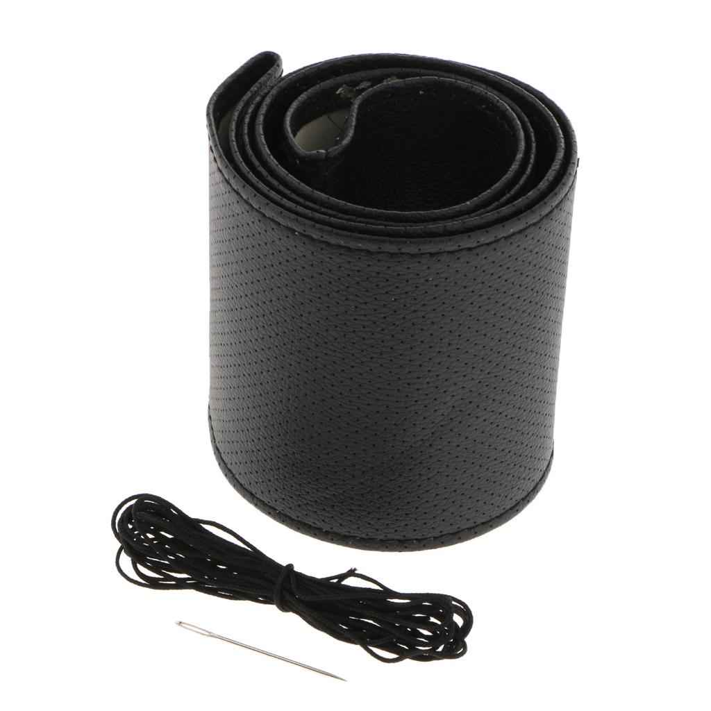 Genuine Leather DIY Car Steering Wheel Cover 38cm W/ Needle and Thread Black