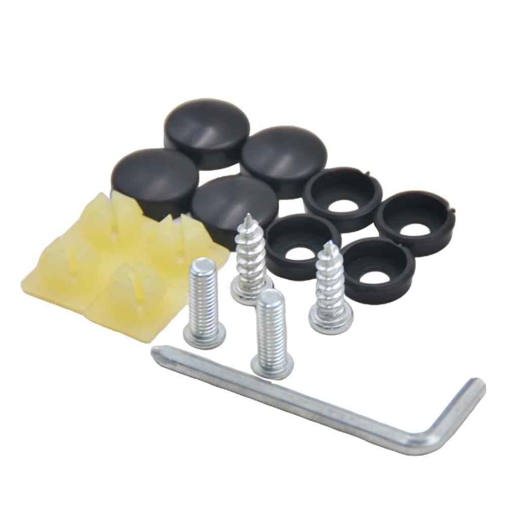 Stainless Steel License Plate Frame Screws Fasteners + Black Screw Caps Assy
